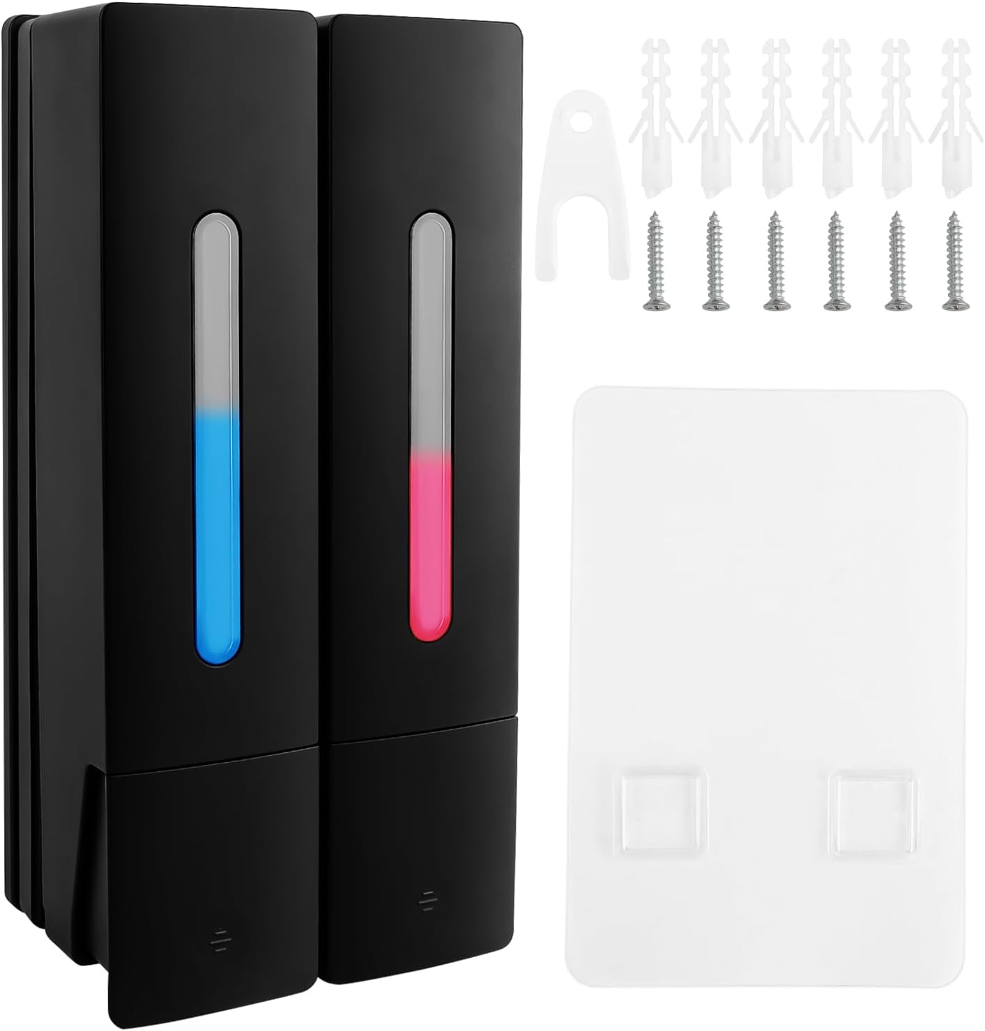 Distributeur de Savon Manuel, Lot de 2 Fixation Murale Distributeur Shampoing, Distributeur Savon Liquide sans Perçage avec Fenêtre Transparente pour Gel Douche, Après Shampoing (Noirr 400 ML)