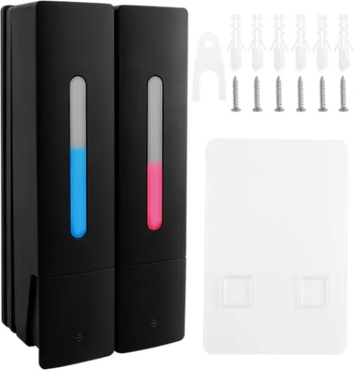 Distributeur de Savon Manuel, Lot de 2 Fixation Murale Distributeur Shampoing, Distributeur Savon Liquide sans Perçage avec Fenêtre Transparente pour Gel Douche, Après Shampoing (Noirr 400 ML)