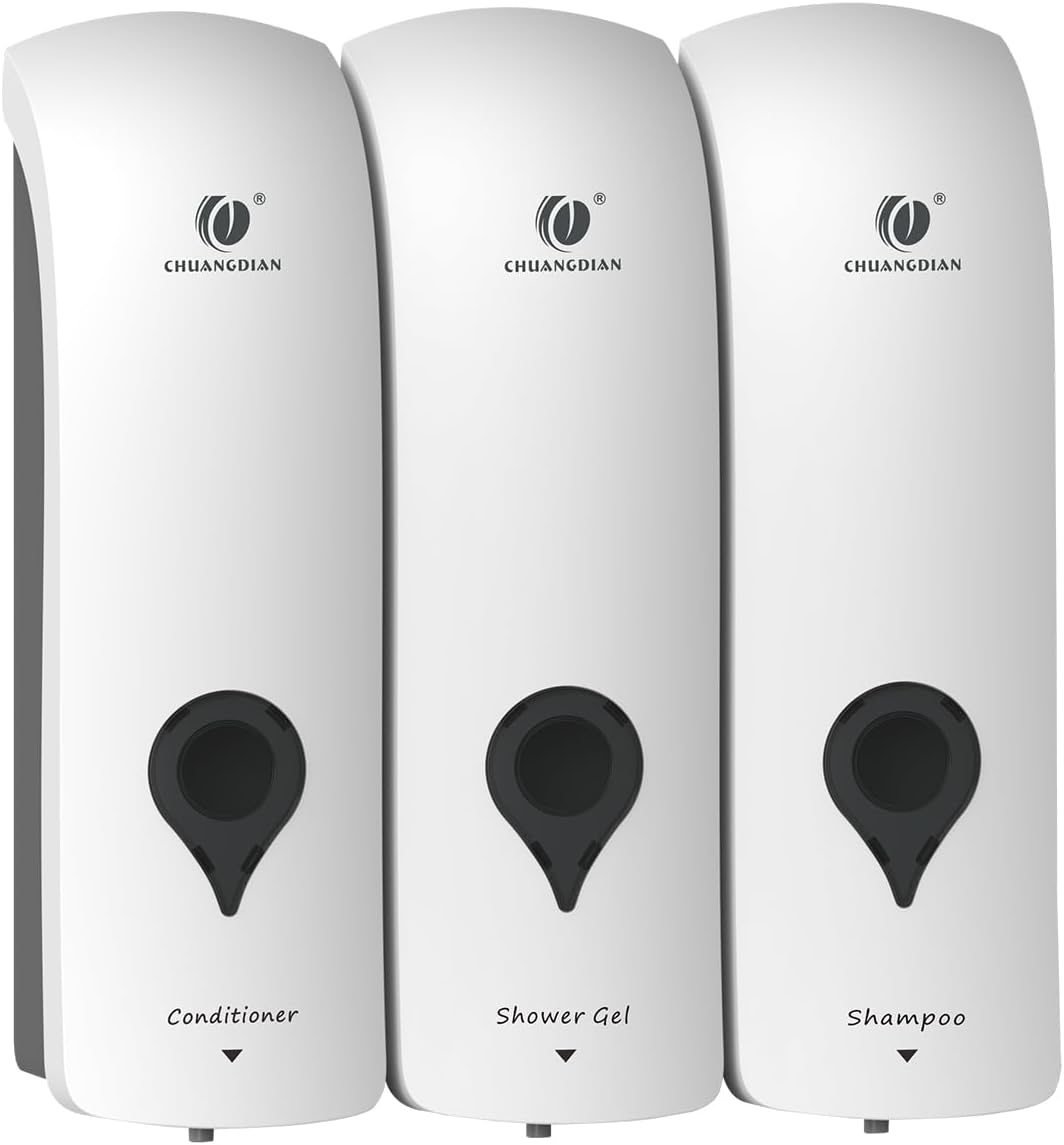 Triple distributeur de savon de douche 3 en 1 à 3 compartiments pour salle de bain - Support mural sans perçage - Distributeur de savon liquide 3 en 1 - Blanc