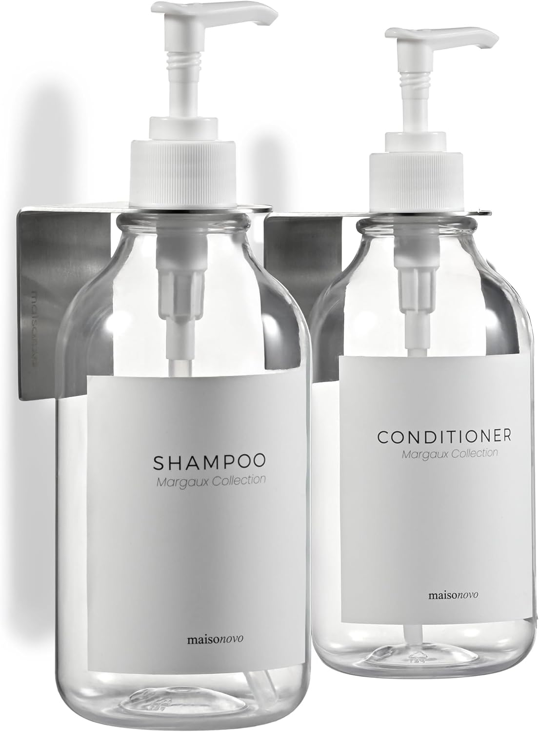 Distributeur Savon Mural - Distributeur shampoing et Gel Douche – Lot de 2 Bouteilles en Plastique Klare de 500 ML, Pompe Blanche – Distributeur shampoing Effacer X 2