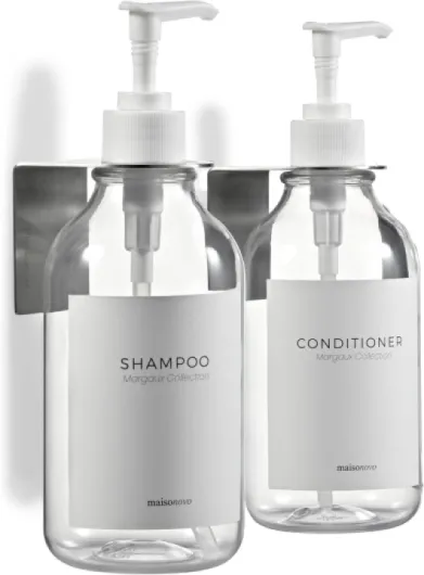 Distributeur Savon Mural - Distributeur shampoing et Gel Douche – Lot de 2 Bouteilles en Plastique Klare de 500 ML, Pompe Blanche – Distributeur shampoing Effacer X 2