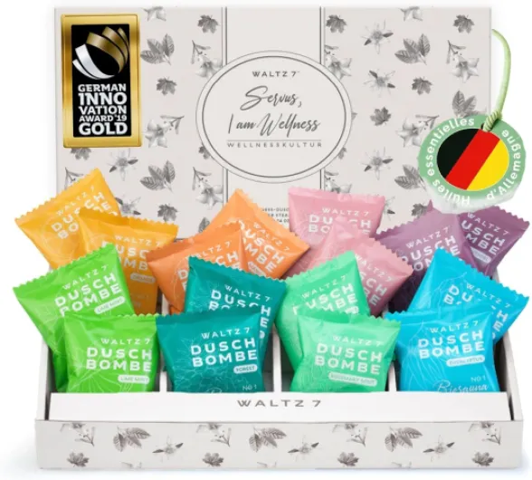 WALTZ 7 Set Bombes de Douche, 16 Sachets, 8 Senteurs, Aromathérapie Relaxante & Revigorante, Coffret Cadeau Noël Femme, Homme, Maman, Papa, Idée Cadeau Bien-Être & Beauté