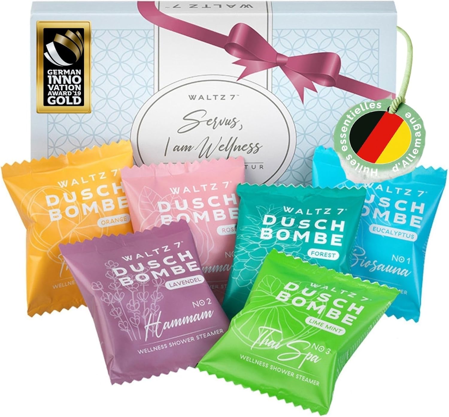 WALTZ 7 Original Bombes de Douche, 6 Pieces avec 6 parfums, Qualite d'Europe, Pastilles d'huiles Essentielles pour la Douche, Petit Cadeau Femmes, Set Bien-etre pour la Detente, Cadeau Fete des Meres