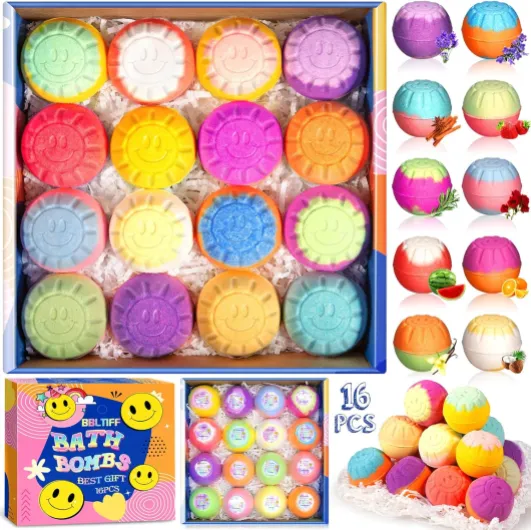 Bombe de Bain, 16 Pièces Coffret Cadeau Boules de Bain, Bombe de Douche, Boule de Bain, Huiles Essentielles Naturelles, Bombe de Bain Noel Pour Comme Cadeau de Noël, Cadeau de Saint-Valentin