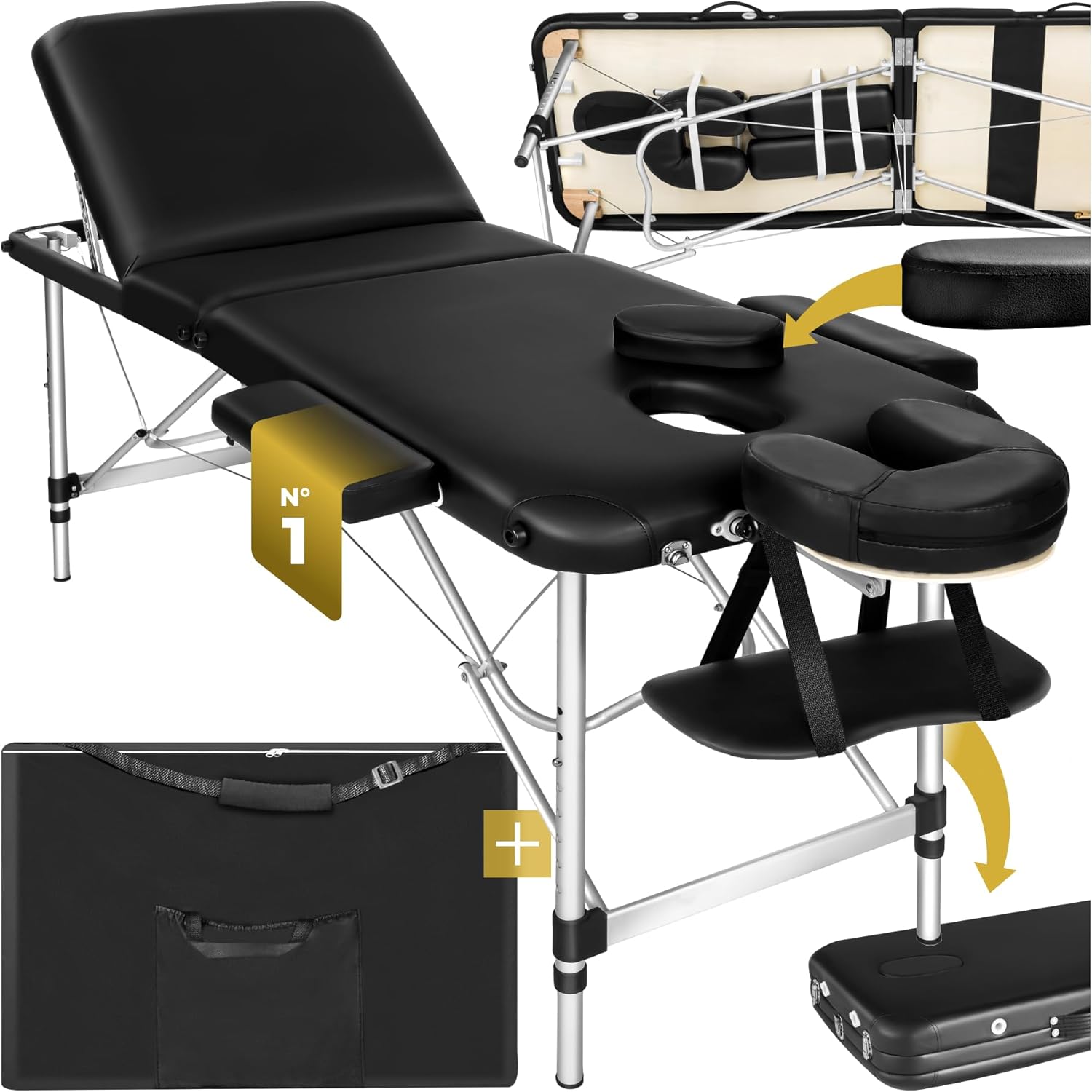 ® Table de Massage Pliante Professionnelle 3 Zones Aluminium Cosmetique Lit de Massage Table Esthetique Tatouage Portable avec Repose Bras, Housse de Transport Incluse Largeur 61 cm Noir