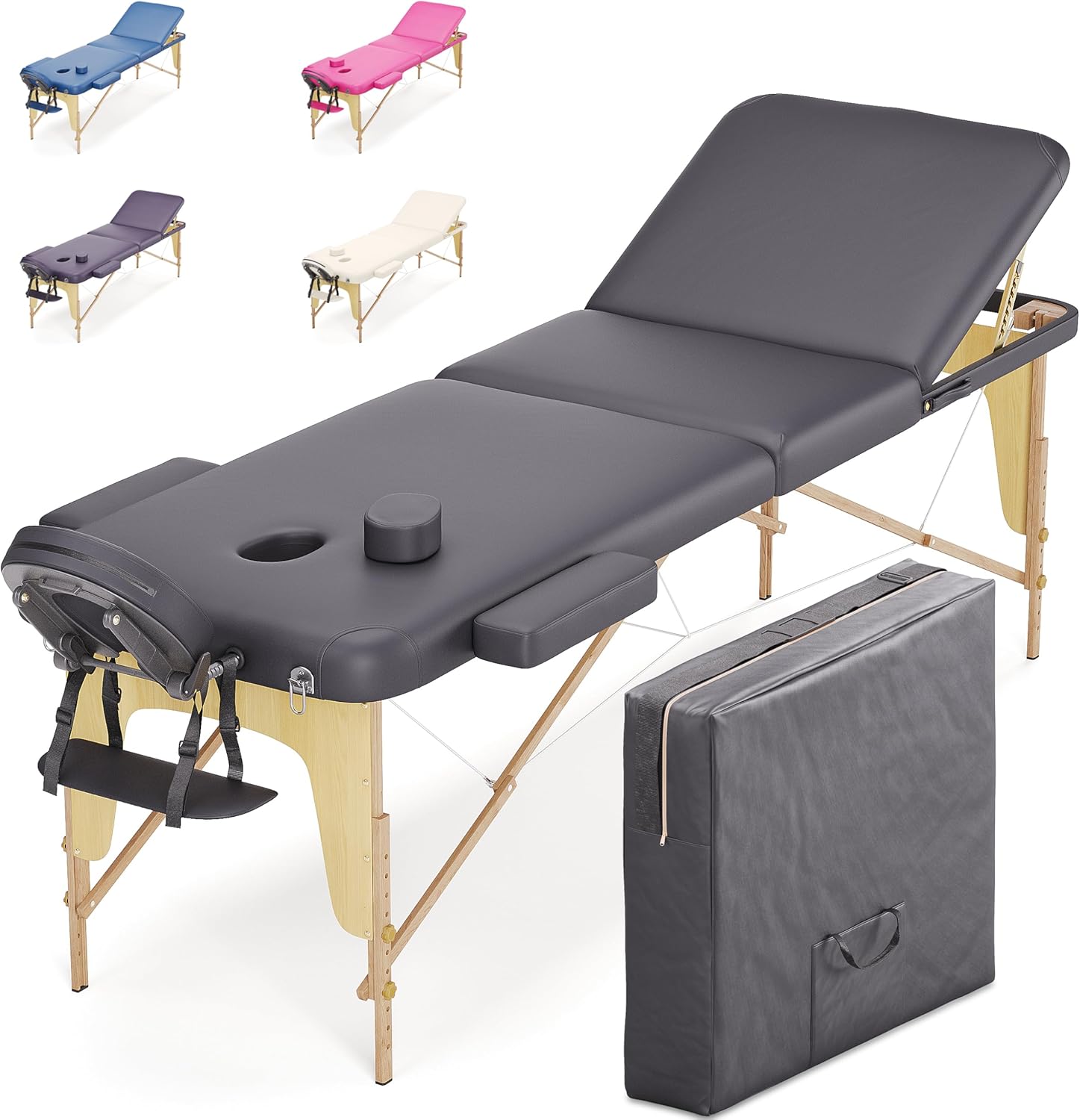 BELTOM® Table de Massage 3 Zones Classique Portables 180 x 56 cm - - ne pèse Que 13,2 kg - et avec Accessoires 15,5 kg - - Cosmetique lit esthetique Pliante Reiki + Sac - Noir Noir 180x56 Cm