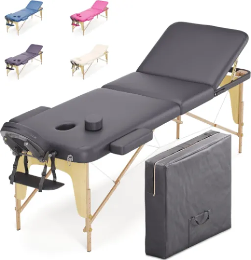 BELTOM® Table de Massage 3 Zones Classique Portables 180 x 56 cm - - ne pèse Que 13,2 kg - et avec Accessoires 15,5 kg - - Cosmetique lit esthetique Pliante Reiki + Sac - Noir Noir 180x56 Cm