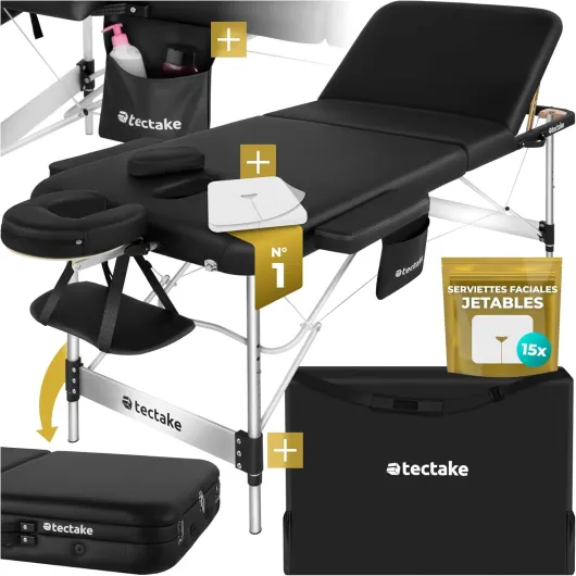 ® Table de Massage Pliante Professionnelle 3 Zones Aluminium Cosmetique Lit de Massage Table Esthetique Tatouage Portable avec Appuie-tête Amovible Repose Bras, Housse de Transport Incluse Largeur 78 cm Noir