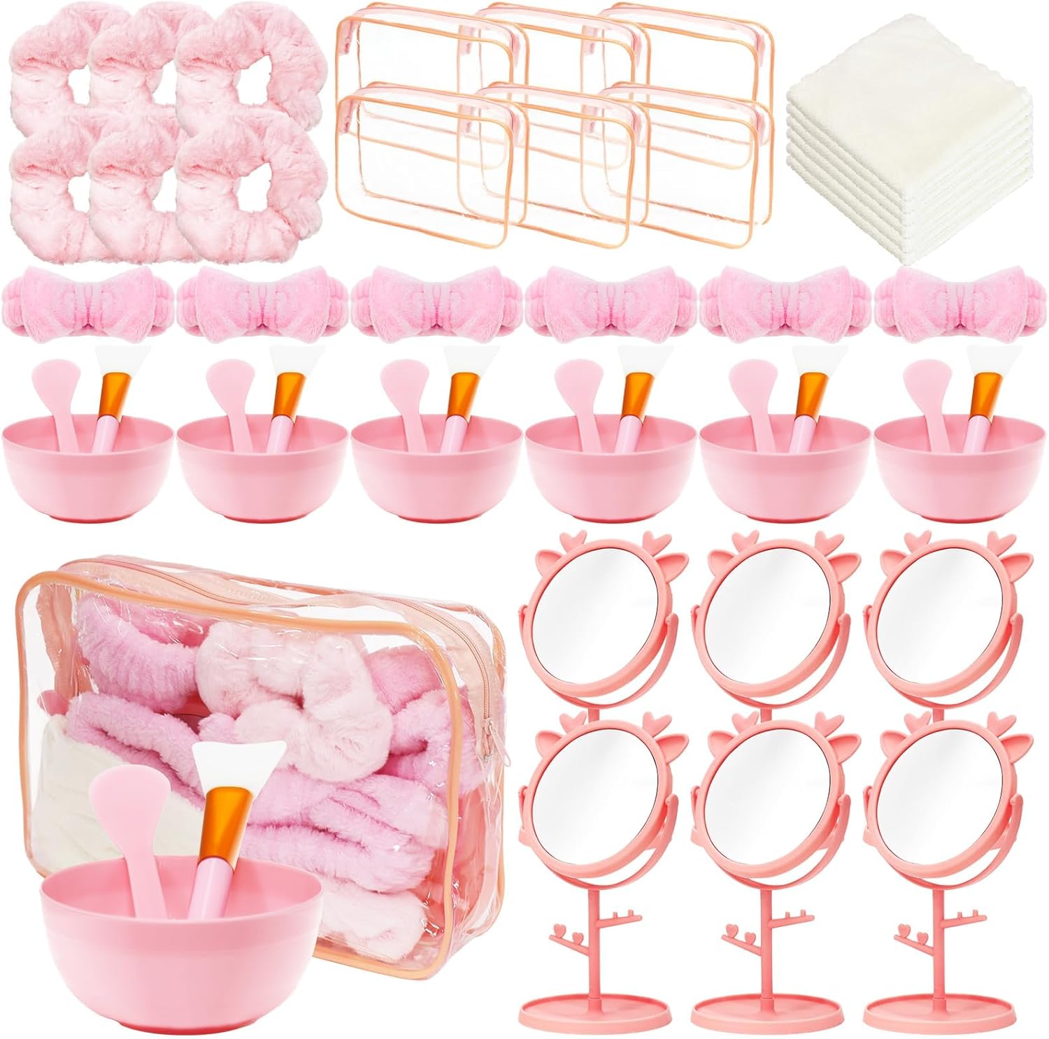 Lot de 48 Kit Spa Rose – Coffret Spa Femme 6 Personnes avec Bols à Masque, Pinceaux, Spatules, Miroirs, Trousses Maquillage, Bandeaux, Chouchous, Serviettes pour Soirée Pyjama, Anniversaire, Détente