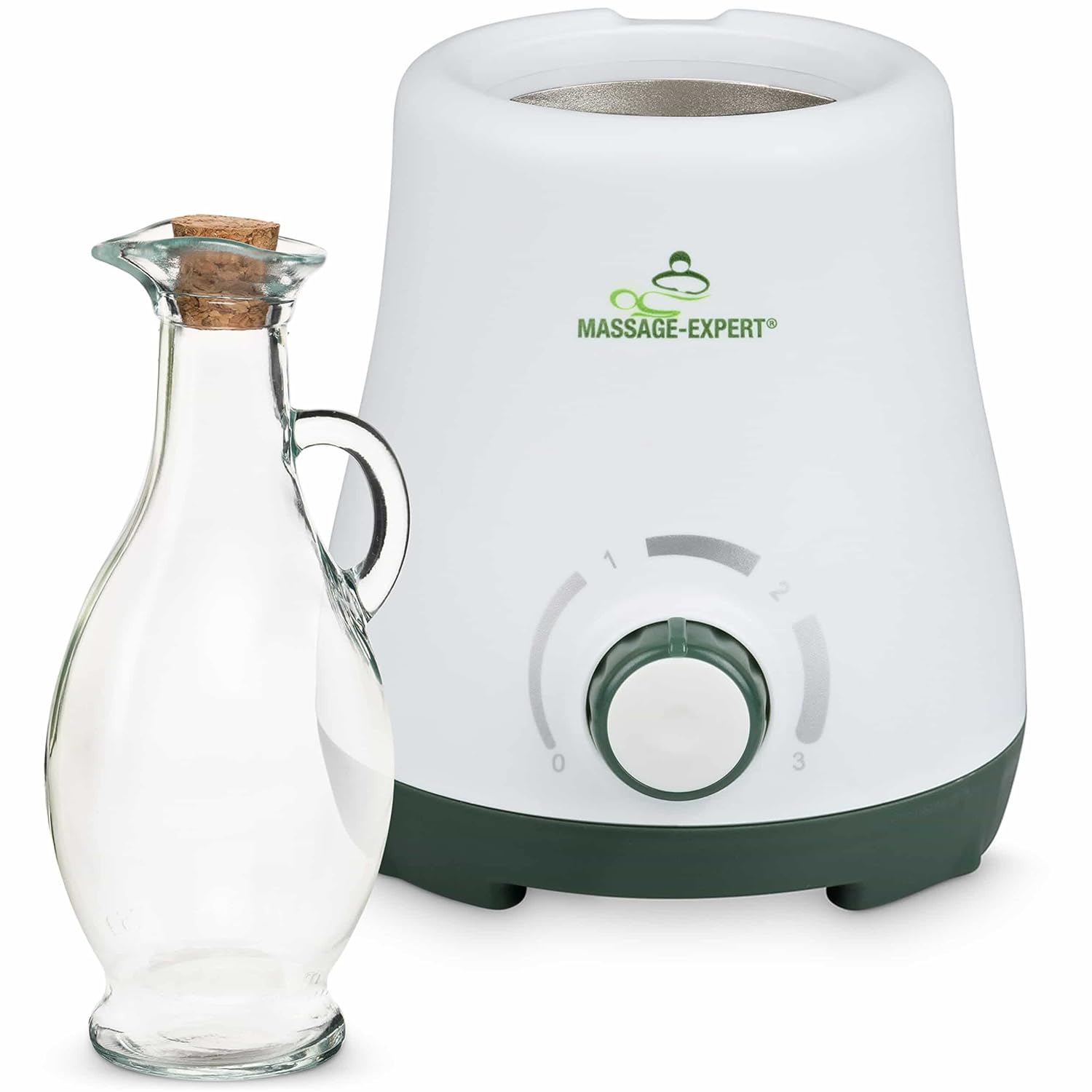 Chauffe-huile de massage avec carafe en verre, chauffe agréablement l’huile en seulement 5 minutes, chauffage en continu de 0 à 100 °C.
