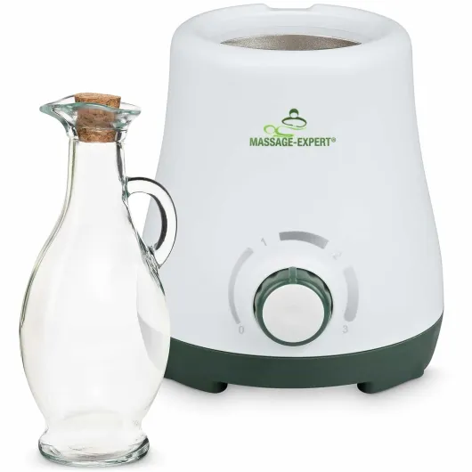 Chauffe-huile de massage avec carafe en verre, chauffe agréablement l’huile en seulement 5 minutes, chauffage en continu de 0 à 100 °C.