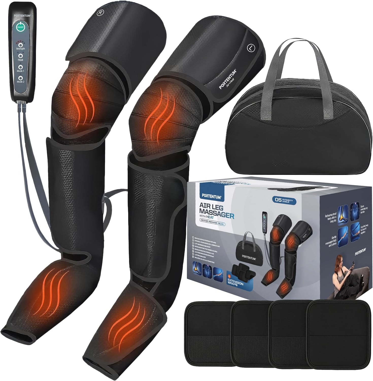 Bottes pressothérapie jambes avec chaleur réglable – 5 niveaux de compression d’air – Télécommande – Favorise le drainage lymphatique jambes – Soulage les jambes fatiguées – Sac de transport