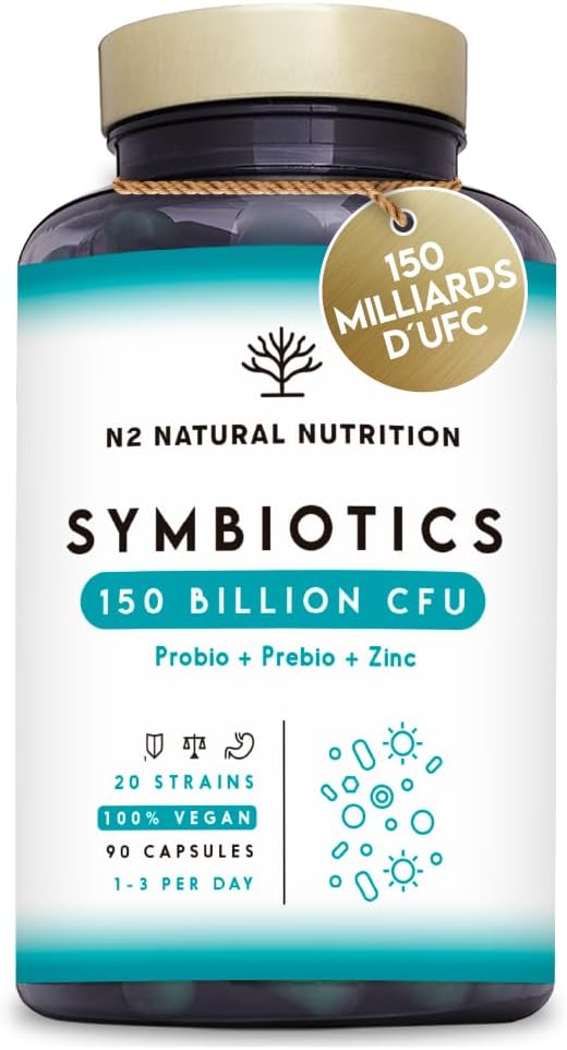 Probiotique Flore Intestinale 150 Milliards UFC, 20 Souches de Bactéries + Zinc + Inuline - Probiotiques pour la Régénération Digestive et Microbiote - 90 gélules, Végétalien - N2 Natural Nutrition Symbiotics150B