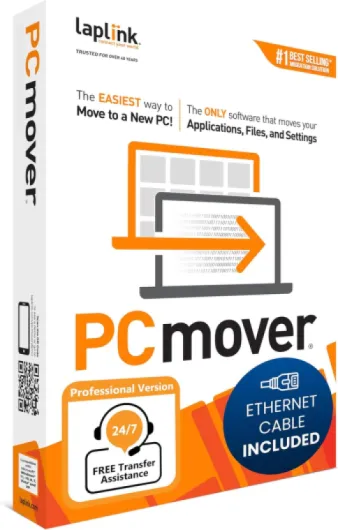 LAPLINK PCmover Professional 11 - Logiciel de Migration, Pour Fichiers, Dossiers & Programmes, Câble Ethernet Haute Vitesse 1 Gbps, Automatique, 1x Utilisation PCmover Professional + Ethernet Cable