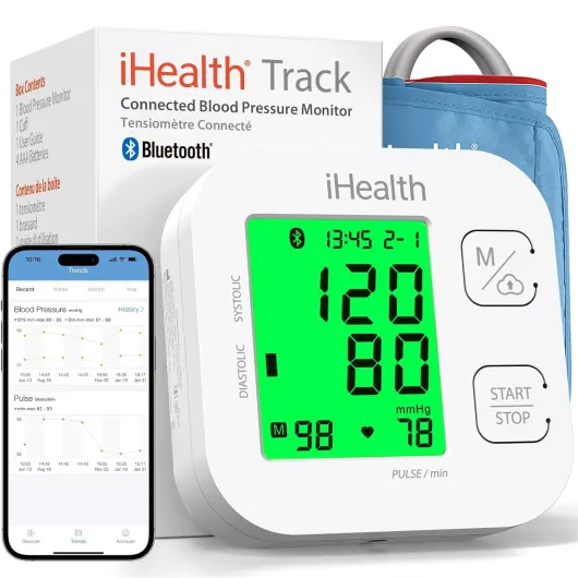 IHealth Track - Tensiomètre Bras pour Mesure Tension Artérielle, Pouls - 99 Mémoires - Affichage 3 Couleurs sur Écran LCD, Brassard Longue Portée - Dispositif Médical Bluetooth iOS, Android