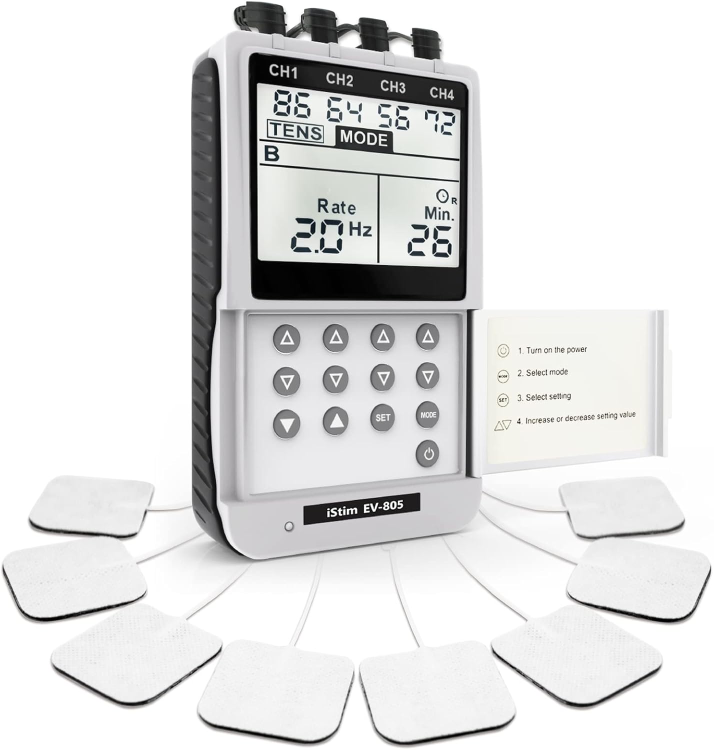 IStim EV-805 Électrostimulateur TENS & EMS – Appareil Digital 4 Canaux avec 16 Électrodes Réutilisables pour Douleur, Rééducation Musculaire et Thérapie Physique