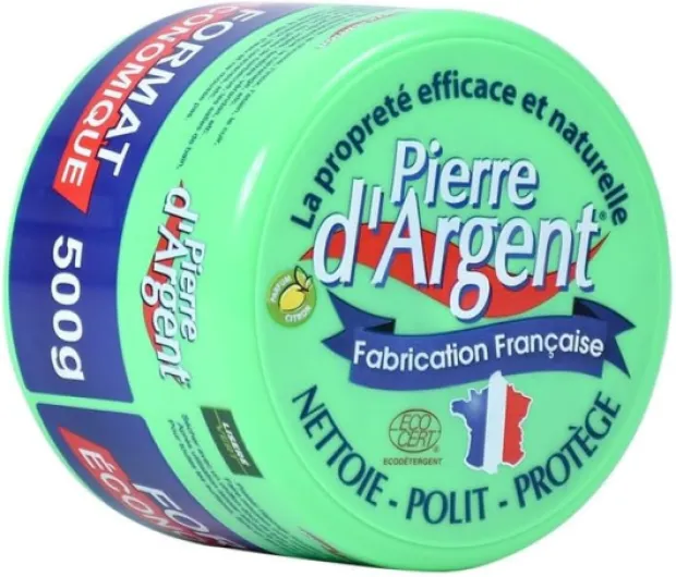 Liseré Vert Nouvelle formule Pierre d'Argent format économique 500g éponge incluse, nettoyant ménager certifié ECOCERT fabriqué en France