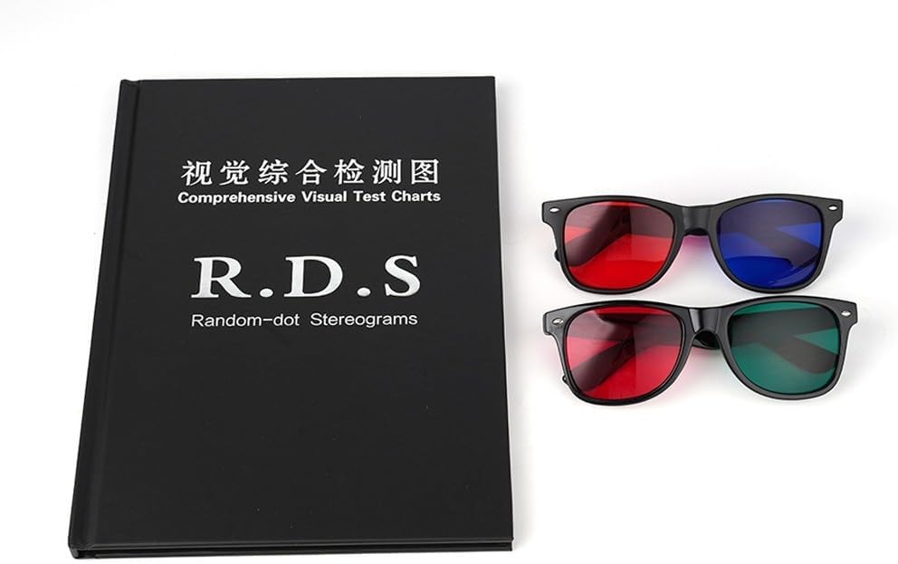 Livre de test visuel avec grand stéréogramme, test d'astigmatisme, test de cécité des couleurs, grille Amsler, 2 paires de lunettes, toutes formes de couleur, tableaux ophtalmologiques