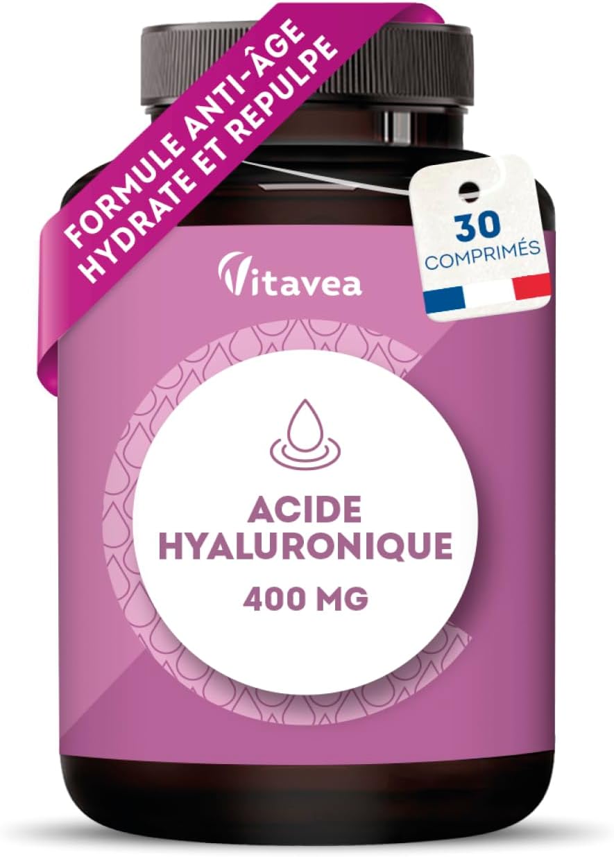 Acide Hyaluronique Pur 400 mg Vegan – Anti-Âge & Hydration - Formule Haute Absorption – 30 Comprimés – Fabriqué en France - Vitavea Format 30 comprimés