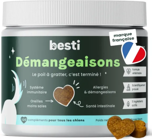 Démangeaisons - 120 Compléments Alimentaires Premium pour Chiens - Contre Léchages, Grattements, Mordillements - Omega 3, Probiotiques - Marque Française - Formule Vétérinaire - Saumon - 300g