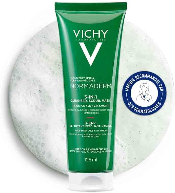 Vichy, Normaderm, Nettoyant Exfoliant Masque 3-en-1, Soin visage Polyvalent Multi-Usage, Absorbe l'Excès de Sébum et Affine le Grain de Peau, Peaux Grasses à Imperfections, 125 ml