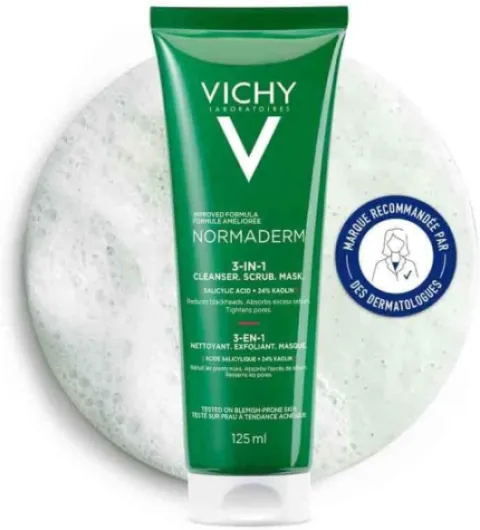 Vichy, Normaderm, Nettoyant Exfoliant Masque 3-en-1, Soin visage Polyvalent Multi-Usage, Absorbe l'Excès de Sébum et Affine le Grain de Peau, Peaux Grasses à Imperfections, 125 ml