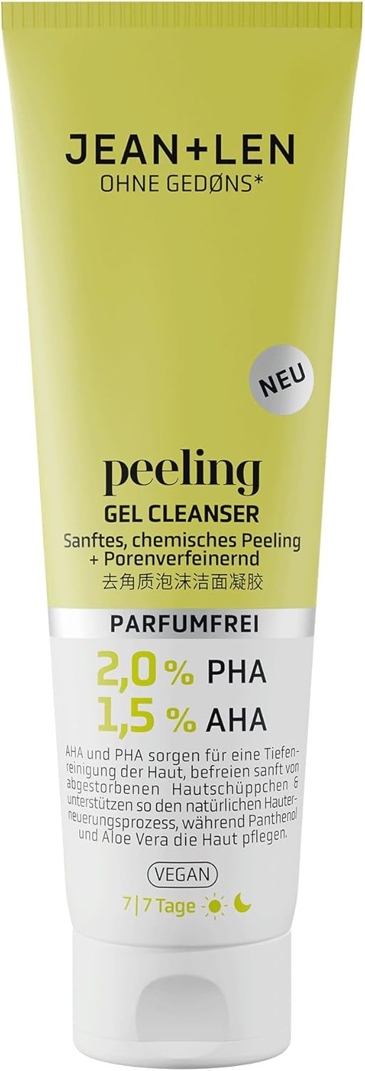 Jean & Len Peeling Gel Cleanser, idéal pour tous les types de peau, libère la peau en douceur des cellules mortes, Peeling chimique, sans parfum, Gel nettoyant végétalien, 125 ml 125 ml (Lot de 1)