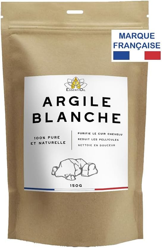 Argile Blanche Kaolin - 100% Naturel - Redonne brillance aux cheveux, Lutte contre les péllicules, Réduit les rougeurs - Tous types de cheveux et peaux - 150g - Marque Française
