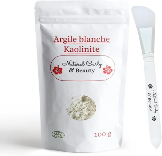 Argile blanche kaolin avec pinceau applicateur de masque en SILICONE -VISAGE, CORPS et CHEVEUX- Certifiée Eco-Cert -Reminéralise et favorise l'élimination des toxines