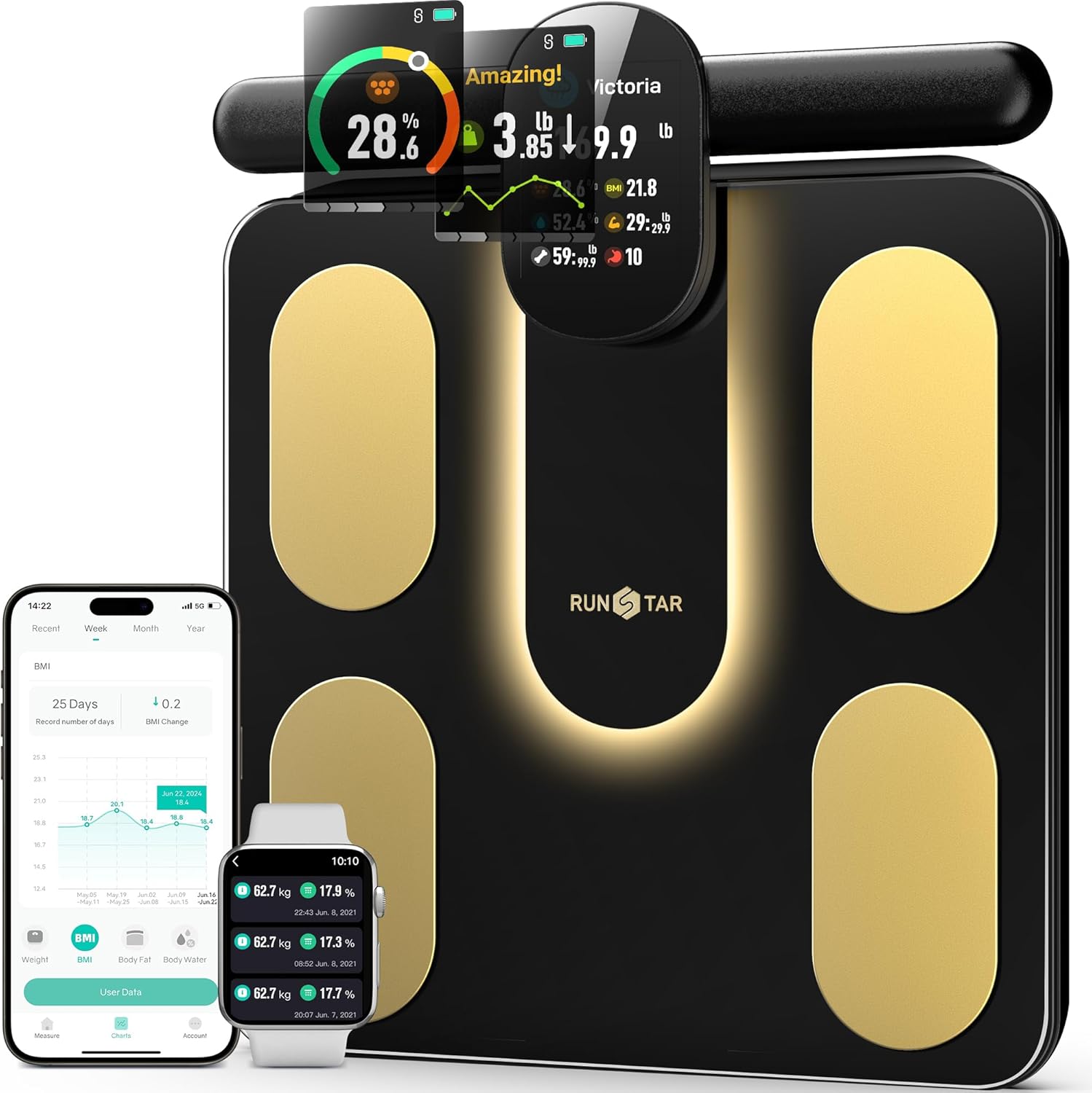 RunStar Smart Scale FSA&HSA Eligible, 8 Electrodes Digital Bathroom Scale for Body Weight and Fat, BMI, Muscle Mass 28 Body Composition Measurement, with Full-Color TFT LCD on Retractable Handle black