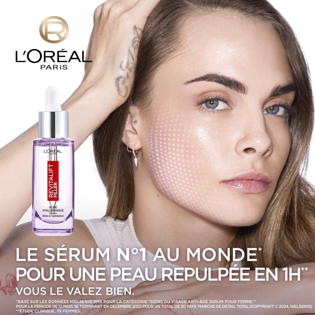 L’Oréal Paris – Sérum Anti-Rides & Anti-Âge – 1.5% Acide Hyaluronique Pur – Soin Visage Hydratant, Repulpant & Lissant – Pour Tous Types de Peaux – Revitalift Filler – 30 ml Sérum Visage 30 ml (Lot de 1)