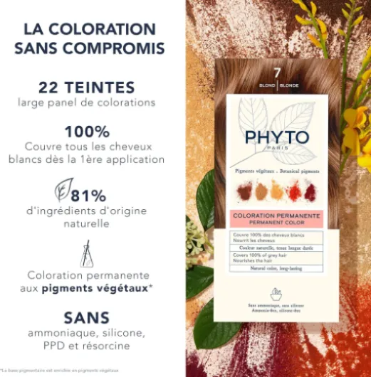 Phyto Paris – Coloration Permanente – Couleur Intense, Naturelle et Lumineuse – Couvre les Cheveux Blancs – Enrichie en Pigments Végétaux – Kit Complet Usage Unique 7 Blond 112 ml (Lot de 1)