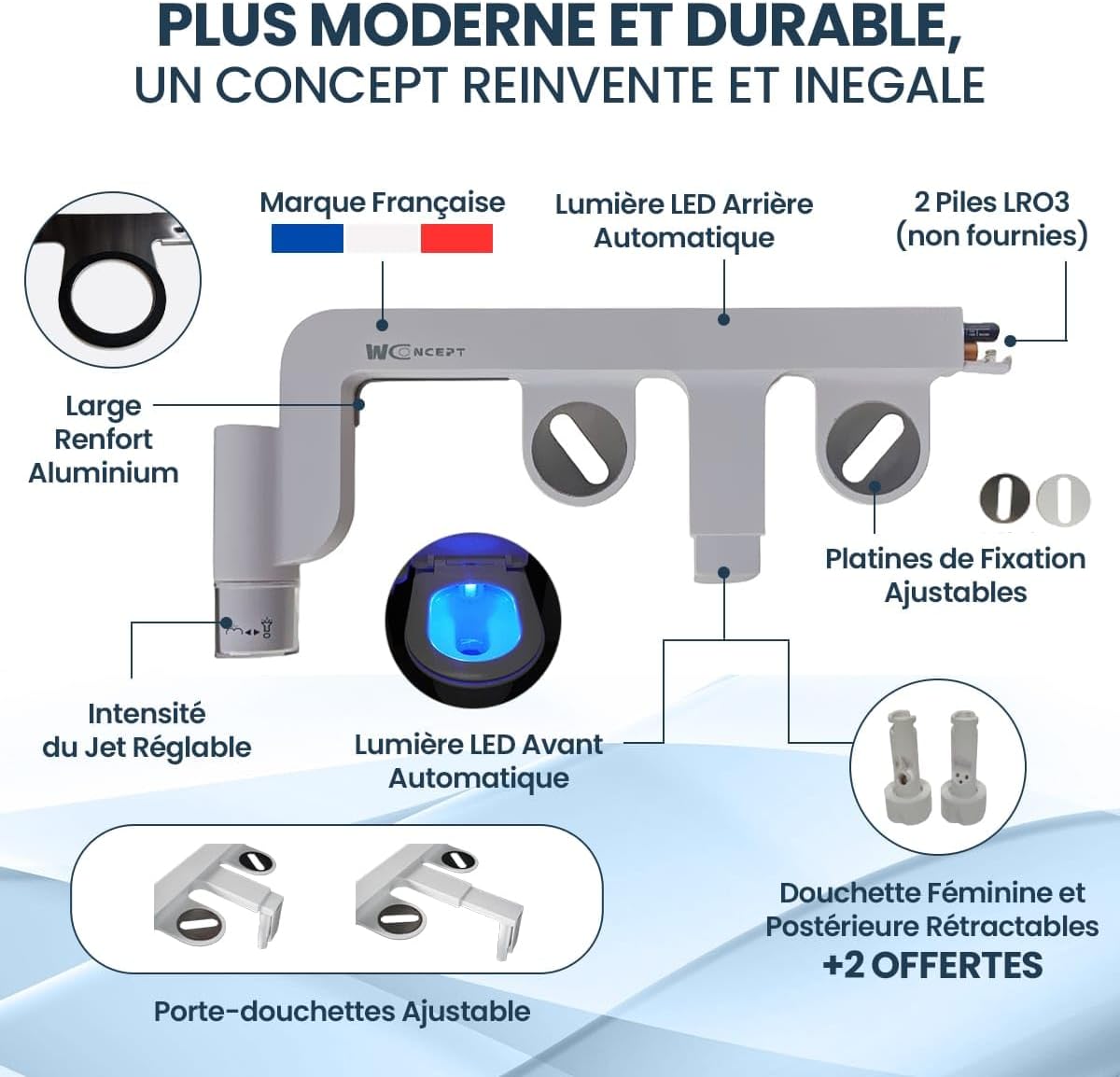 Toilette japonaise avec RENFORT ALU+LUMIERE NOCTURNE LED AUTOMATIQUE-MARQUE FRANCAISE GAMME COMPLÈTE WC JAPONAIS COMPLET MODERNE-bidet toilette wc-porte douchette wc ajustable en profondeur