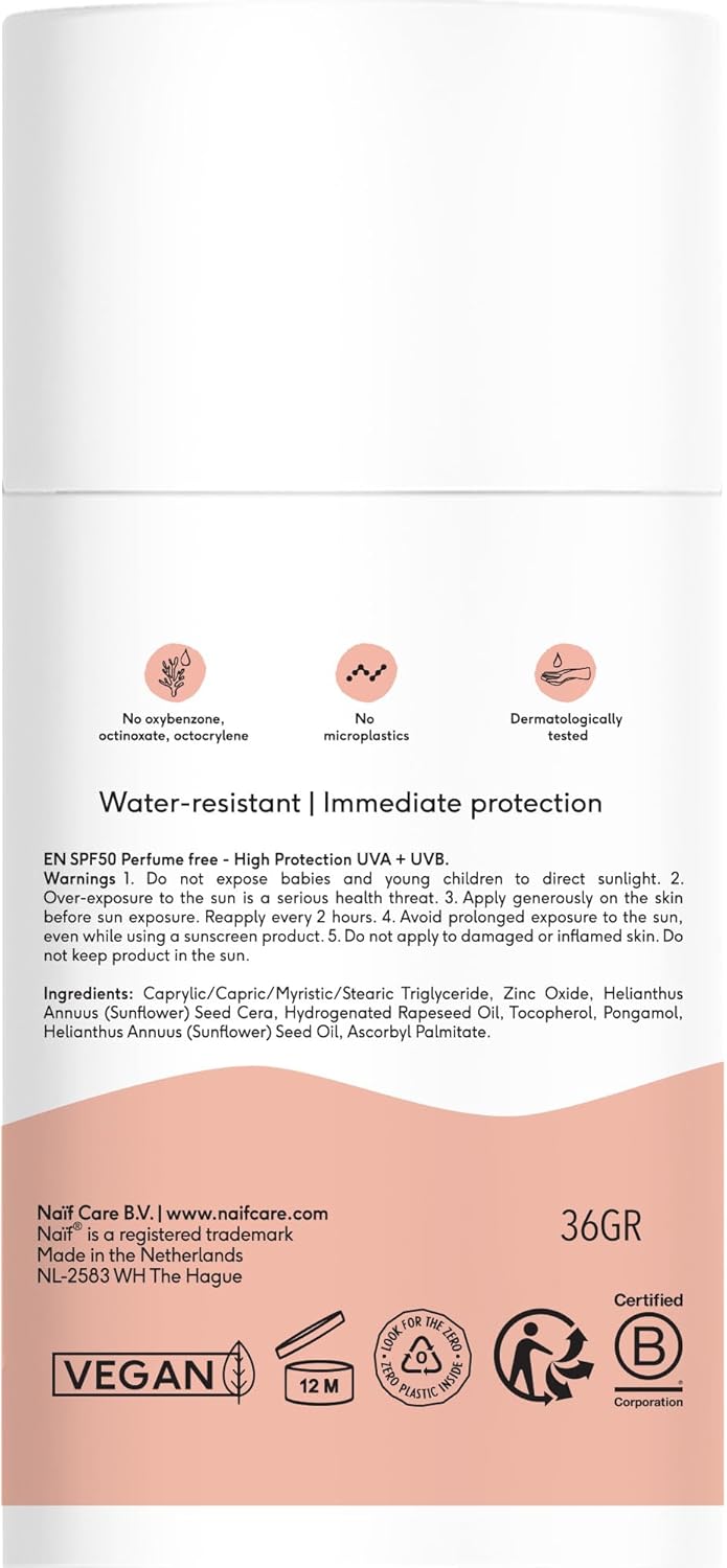 Stick Solaire Minéral Bébé & Enfant SPF 50 – 0% parfum, sans microplastiques, huiles minérales ni silicones, protection UVA/UVB, résistant à l’eau, testé dermatologiquement – 36 g Stick- 0% Perfume