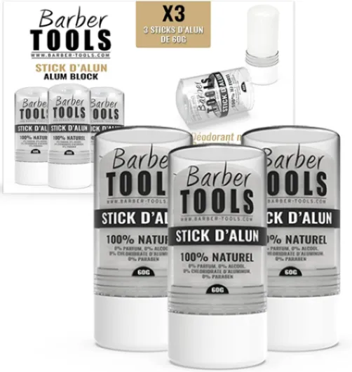 Lot de 3 Sticks Déodorant de 60gr - Pierre d'Alun - 100% naturel - Sans paraben ni chlorhydrate d'aluminium/Efficace contre les coupures du rasage - BARBER TOOLS
