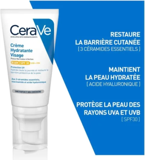 CeraVe - Crème Hydratante Visage SPF30 - Crème de Jour avec Protection UVB + UVA - Acide Hyaluronique, Céramide, Niacinamide, Vitamine E - Peau Normale à Sèche