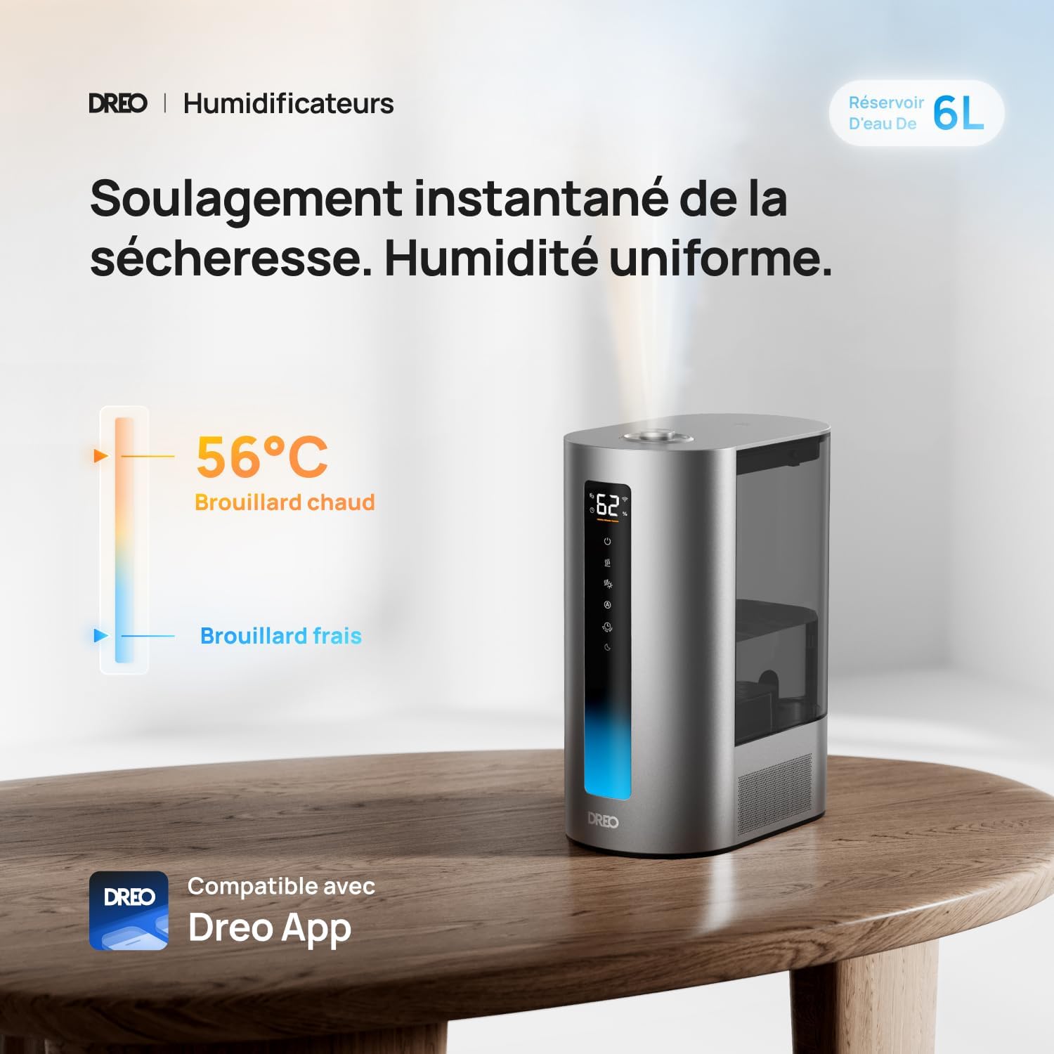 Dreo 6L Humidificateur chambre à coucher, intelligent, brume chaude/froide, pour plantes et bébé, remplissage par le haut, 60H d'autonomie, silencieux, avec minuterie, compatible Google/Alexa, HM713S Argenté