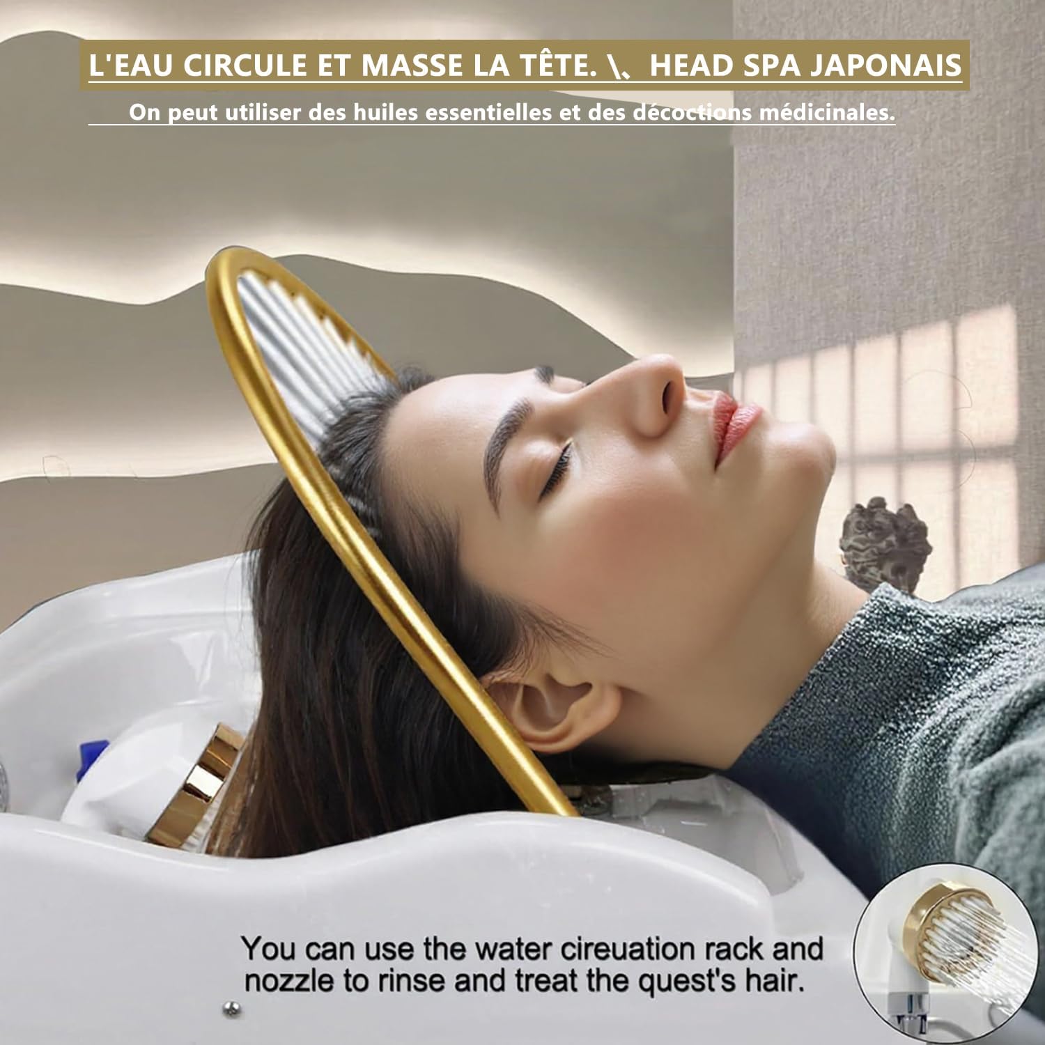 équipement Spa Japonais l 3000 W - Bac à shampoing Mobile 60 L avec rinçage en Cascade et Accessoire pour favoris - Chromothérapie LED thermostatique - Plug-Play pour fauteuils de Salon (62-72cm)