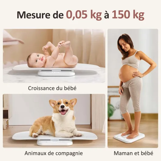 Grownsy Pèse Bébé, Balance Bébé Numérique avec Plateau Amovible, Pèse Animal, Pèse Adulte Jusqu'à 150kg, Avec Fonction de Maintien, Mesure de la Taille Jusqu'à 70cm, 5 Unités, écran LED Blanc