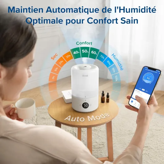 Levoit Humidificateur d'air bébé Intelligent Top-Fill 3L, Avec Alexa et APP, à Ultrasons à Brume Froide et Diffuseur, 19dB Silencieux, Minuterie, Sans BPA Dual 200S WIFI 3L