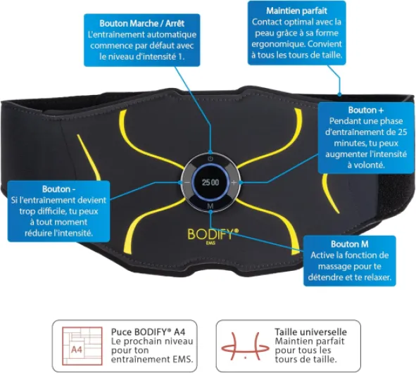 Bodify® EMS Stimulateur Abdominaux Max - Stimulation ciblée des Muscles abdominaux ! - Renforcement Musculaire - Ceinture Abdominale - Appareil de Stimulation des Muscles abdominaux - L'ORIGINAL
