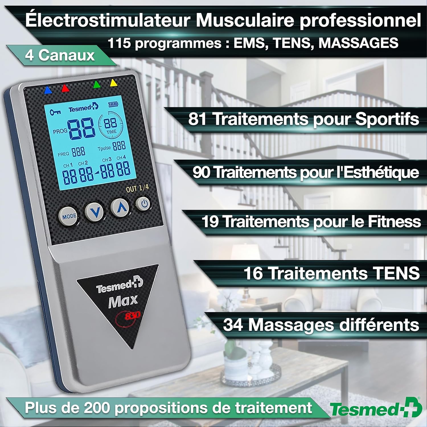 Max 830: Electrostimulateur Musculaire Professionnel Tens/EMS/Massage avec Stimulation Séquentielle, 4 Canaux, 115 Programmes Dont 20 Personnalisables, Rechargeable, Inclus 20 Électrodes