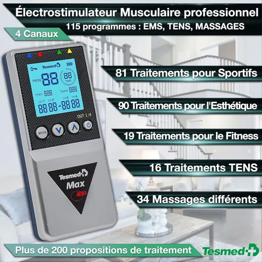 Max 830: Electrostimulateur Musculaire Professionnel Tens/EMS/Massage avec Stimulation Séquentielle, 4 Canaux, 115 Programmes Dont 20 Personnalisables, Rechargeable, Inclus 20 Électrodes