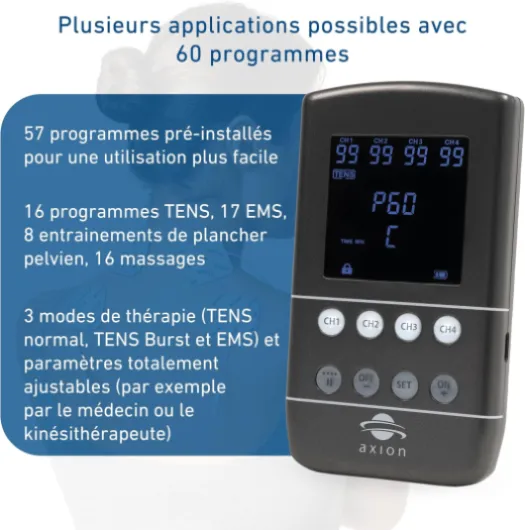 Appareil TENS EMS 4 canaux pour soulager la douleur par stimulation nerveuse électrique, entraînement musculaire, massage et rééducation du plancher pelvien - Batterie et 12 électrodes inclus 3) X9b