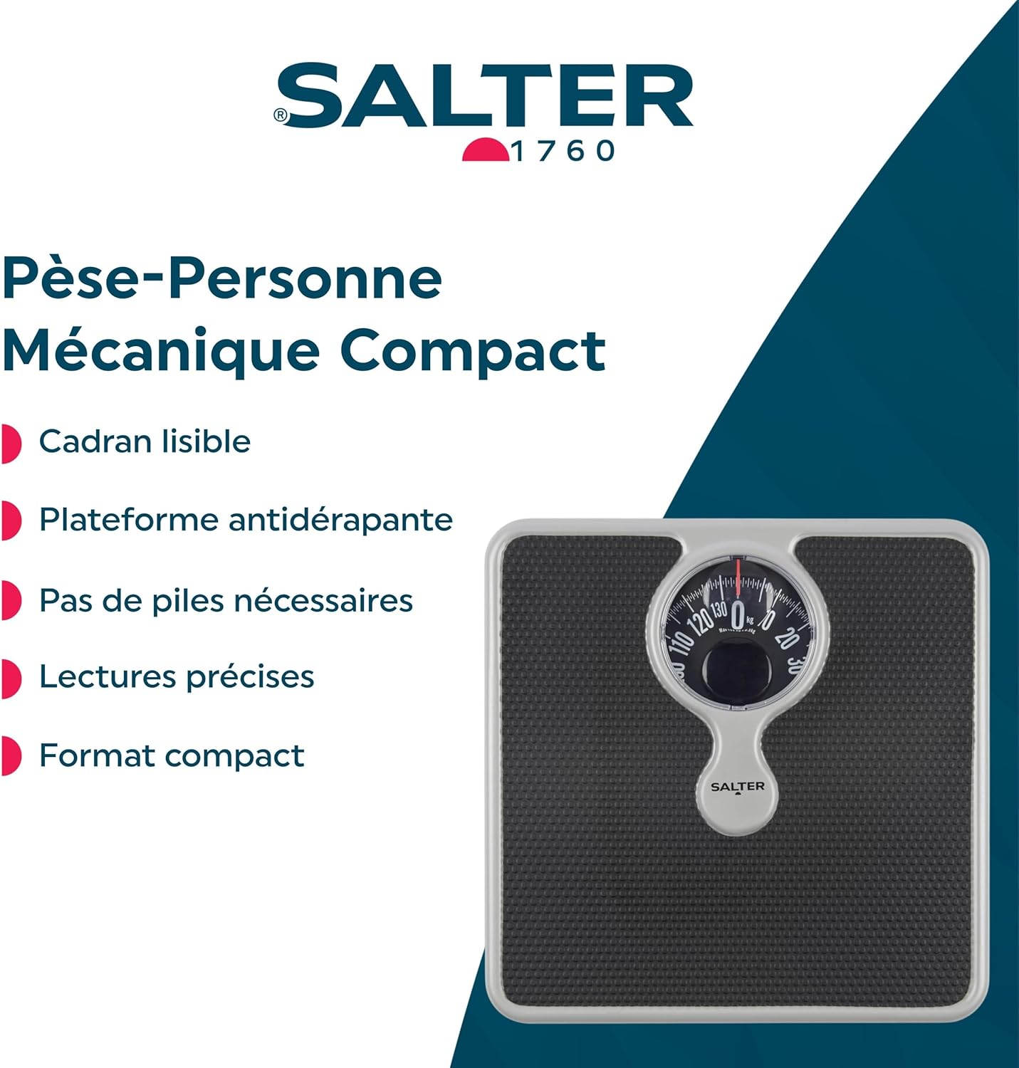 Pèse-Personne Mécanique, Loupe Grossissante, Capacité 133kg, Design Élégant et Compact, Cadran Facile à Lire, Argent/Noir, Sans Pile, Pèse-Personne Robuste et Pratique à Utiliser Mesures métriques et impériales Argent/Noir
