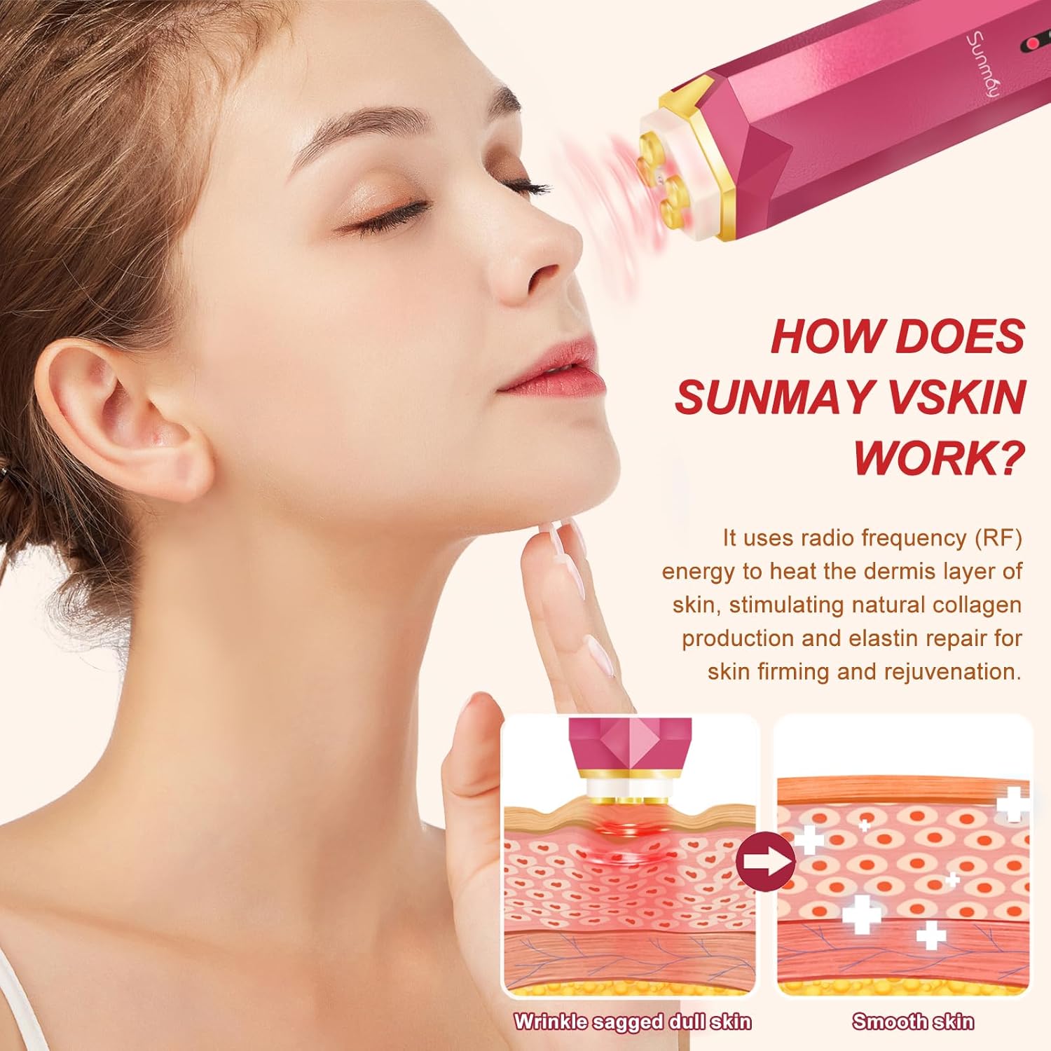 VSkin Appareil Radiofréquence Visage, Machine Appareil Massage Visage EMS, Appareil Anti-âge pour le Rajeunissement de la Peau, l'élimination des Rides, Lissage du visage