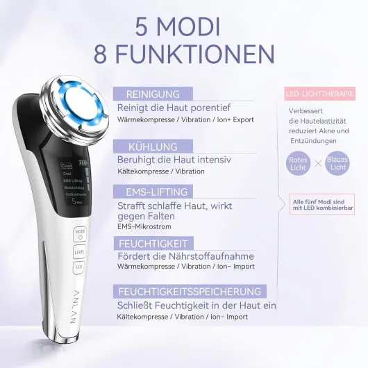 Dispositif de Beauté, ANLAN Appareil Anti Rides Visage, 5 en 1 Dispositif Multifonctionnel de Soin Visage Anti-âge avec EMS et Chaud, Froid