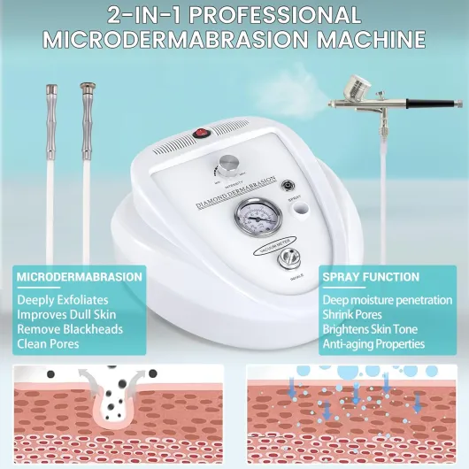 Microdermabrasion à diamants 2 en 1, 65-68cmHg Puissance d'aspiration Appareil professionnel pour le visage avec kit de pulvérisation, Soins de la peau du visage pour une utilisation à domicile 2 IN 1