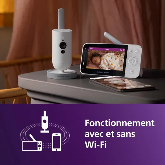 AVENT Philips babyphone Video connecté avec Wi-FI, caméra HD de Haute qualité, Vision Nocturne Infrarouge, détection des Pleurs, Audio bidirectionnel, 12 Heures d'autonomie en Mode éco, SCD951/26
