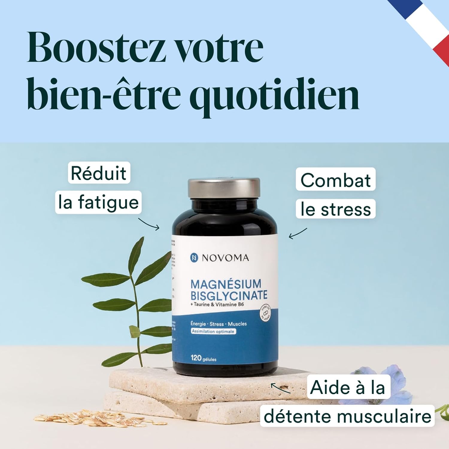 Magnésium Bisglycinate + Taurine & Vitamine B6, Haute Teneur 300mg /j, 120 gélules, Combat la Fatigue et le Stress, Mieux Absorbé que le Magnesium Marin, Fabriqué en France Sans saveur 120 unité (Lot de 1)